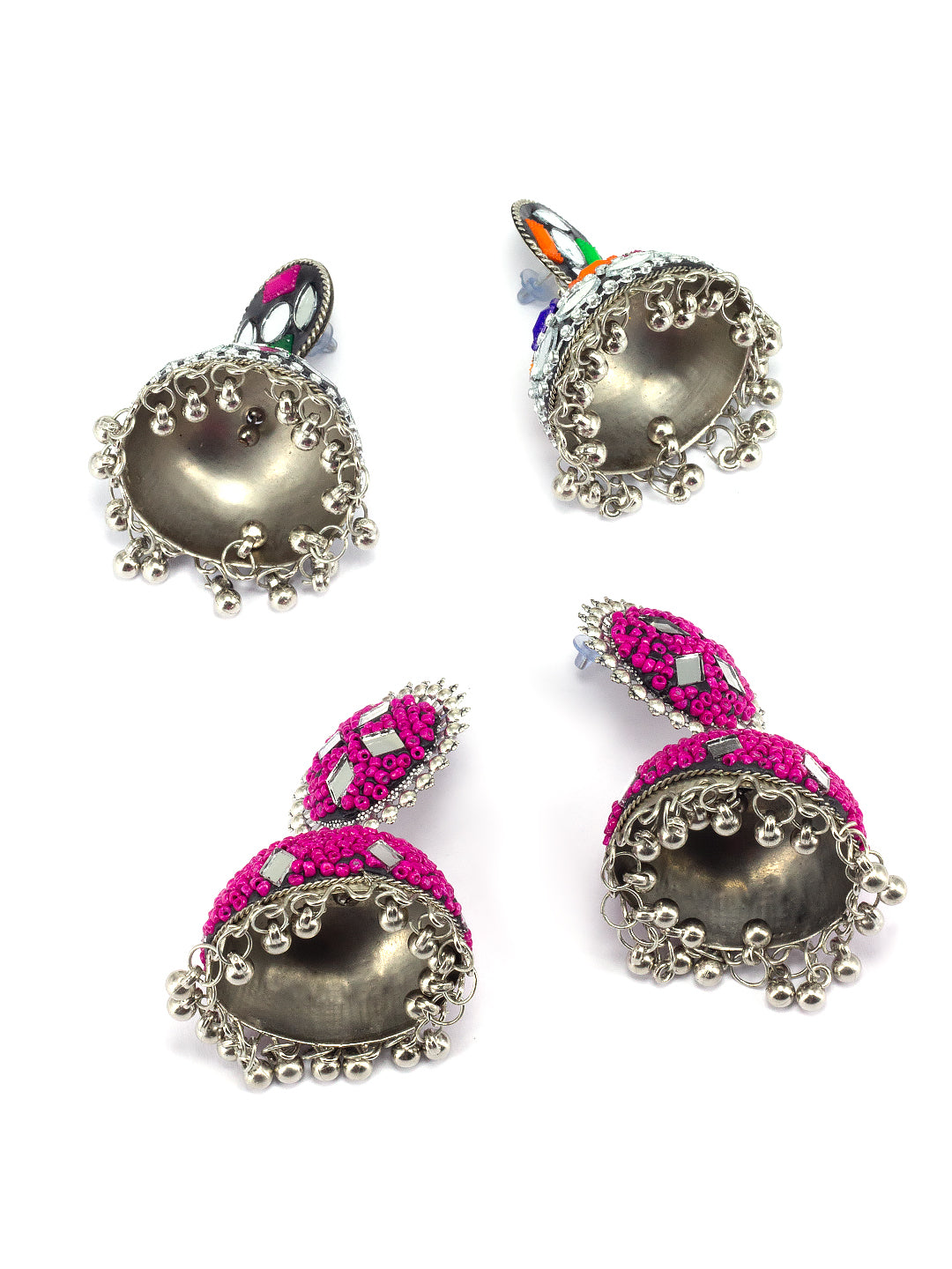 Pack of 2 Silver-Plated Dome Shaped Artificial Stones and Beads Jhumkas