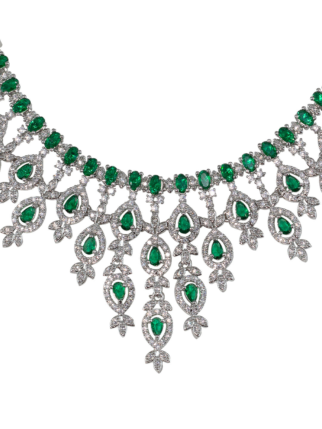 Rhodium Plated American Diamond Studded Green Jewellery Set