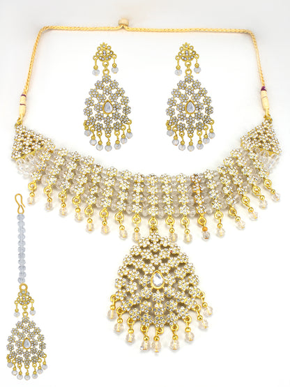 Gold Plated CZ Studded Jewellery Set With Maangtika