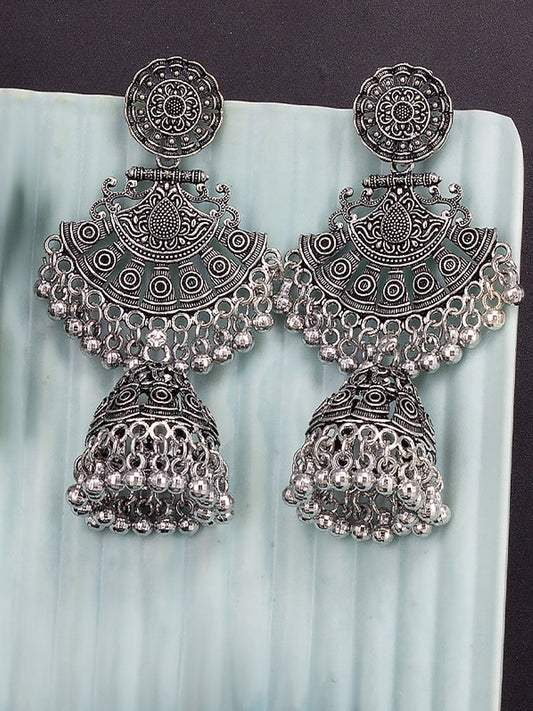 Silver Oxidised Artificial Beads Jhumka Earrings