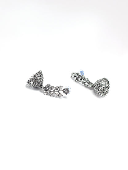 Silver Oxidised Leaf Shaped Stone Studded Jhumki Earrings