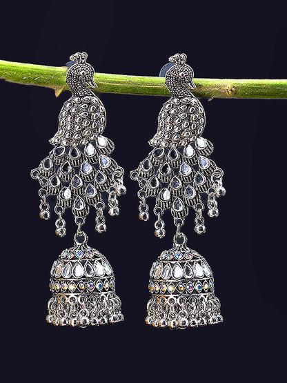 Silver Oxidised Peacock Jhumka Earrings