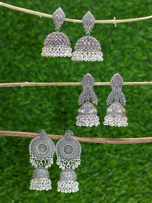 Silver-Oxidised Pack Of 3 Dome Shaped Oxidised Jhumkas