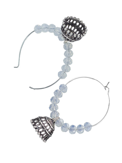 Silver Oxidised White Artificial Beaded Hoop Jhumki Earrings