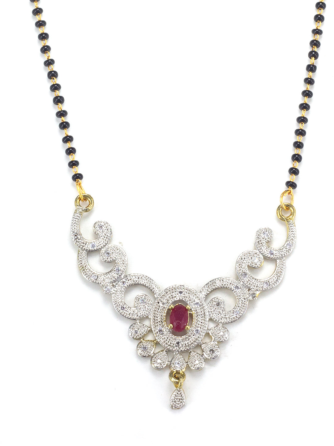 Gold Plated Red American Diamond & Black Beaded Mangalsutra With Earrings