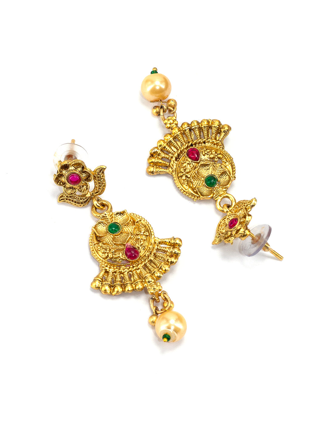 Gold Plated Long & Short Necklace Kundan Studded Temple Jewellery Set