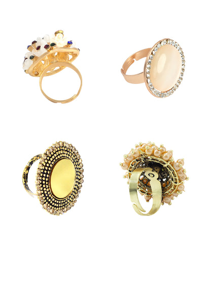 Set of 4 Gold Plated Artificial Stones & Mirror Round Shaped Adjustable Finger Rings