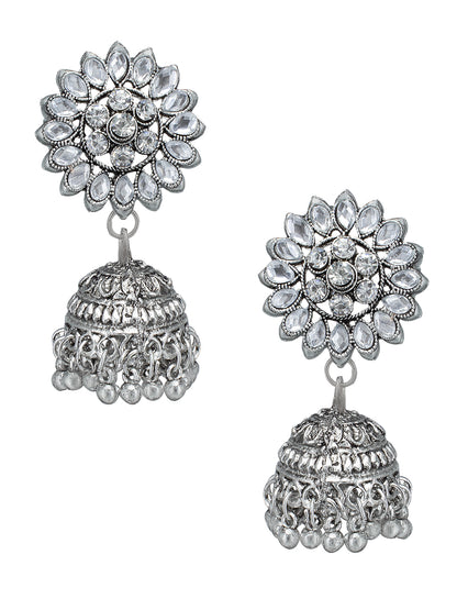 Silver-Oxidised Floral Stone & Beades Studded Jewellery Set