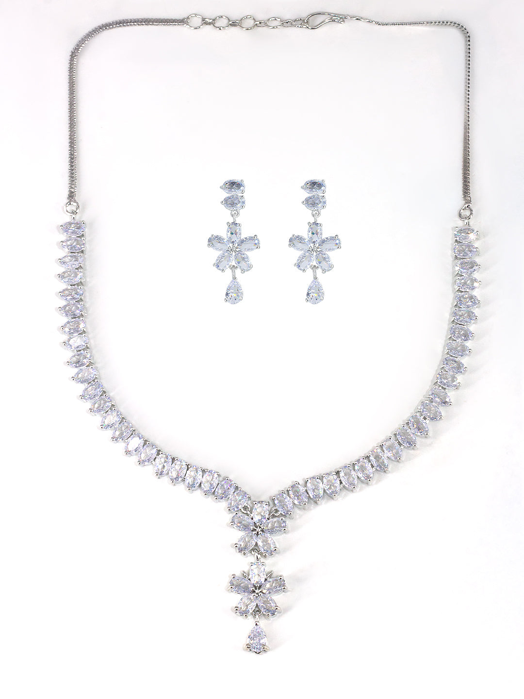 Rhodium Plated American Diamond Floral Drop Jewellery Set