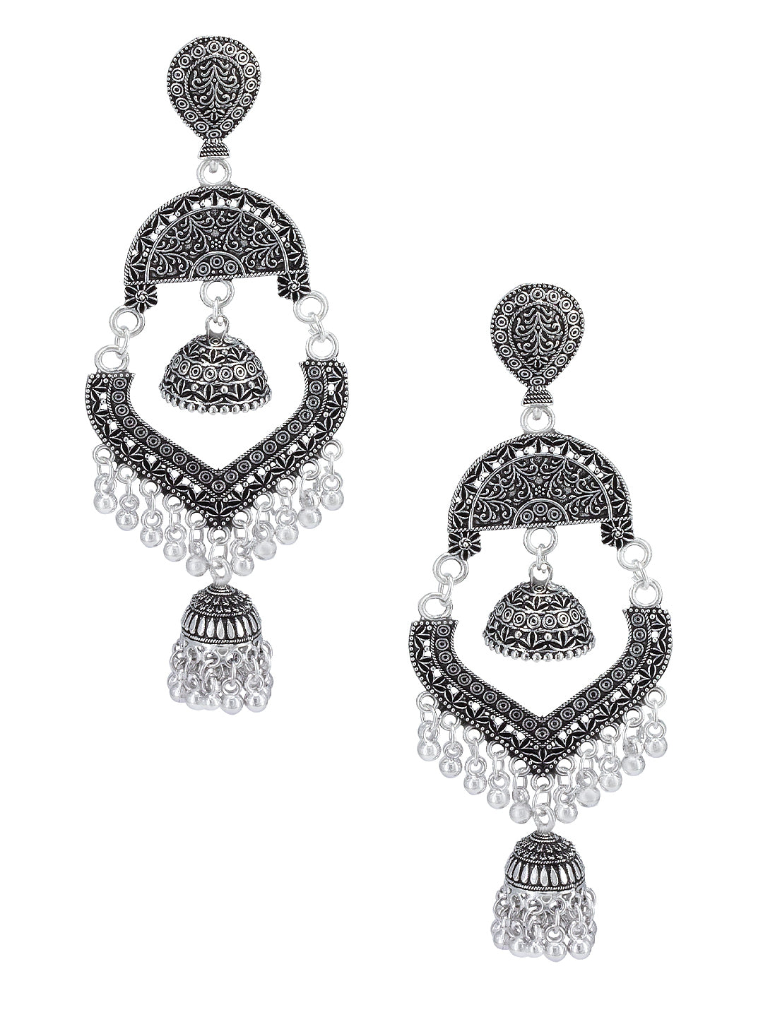 Pack Of 2 Silver-Oxidised Contemporary Artificial Stones Studded Jhumkas