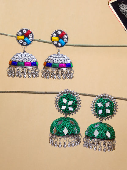 Pack of 2 Silver-Plated Stones Studded and Beaded Dome Shaped Jhumkas