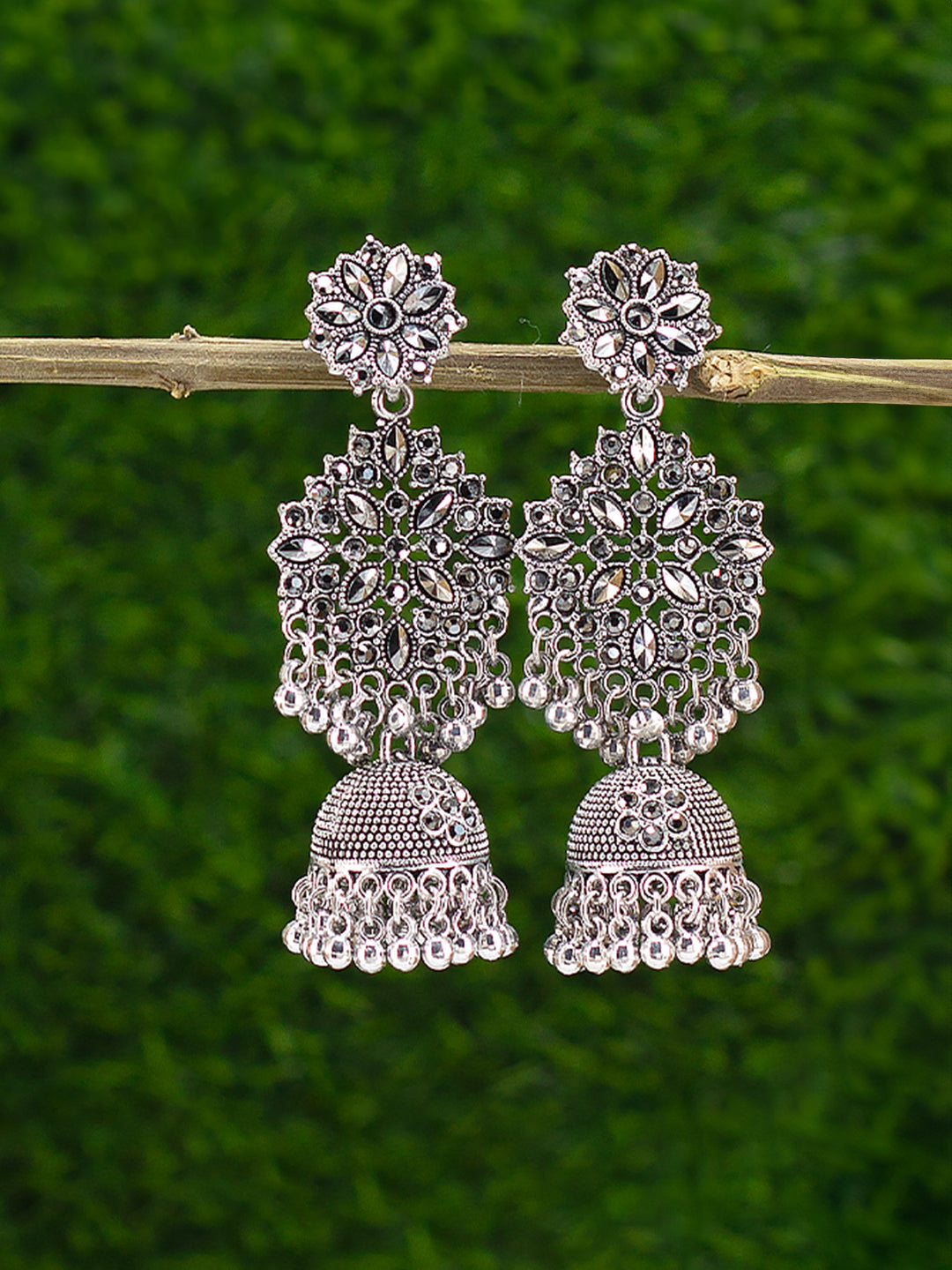 Silver Oxidised Floral Jhumka Earrings