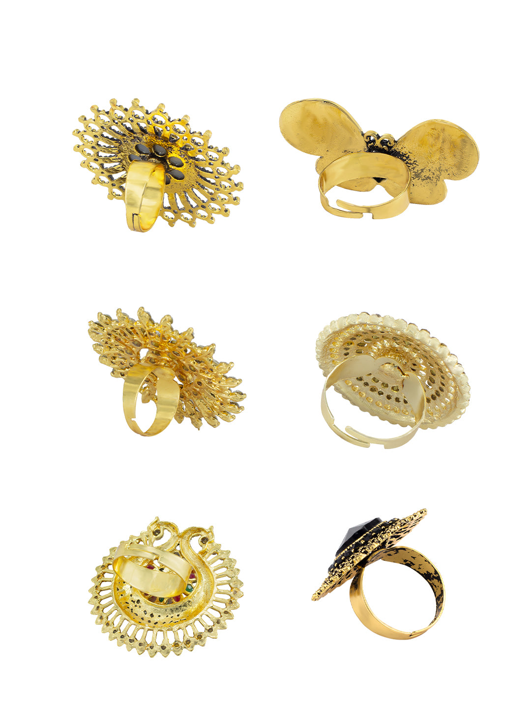 Set of 6 Gold Plated Artificial Stone Floral & Round Shaped Adjustable Finger Ring