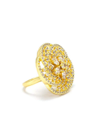 Gold Plated Floral American Diamond Studded Adjustable Finger Ring