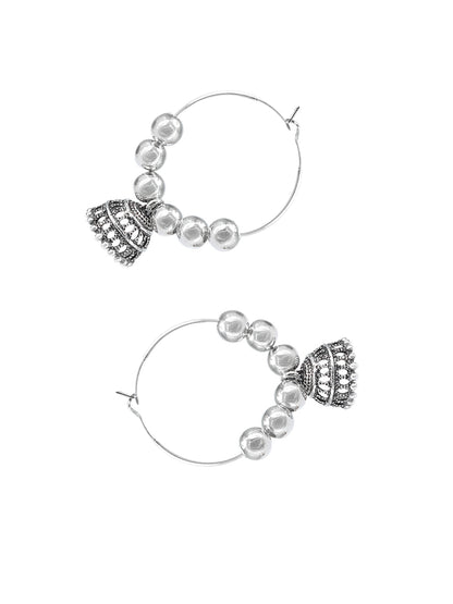 Silver Oxidised Artificial Beaded Hoop Jhumki Earrings