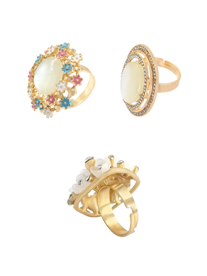 Set of 3 Gold Plated Artificial Stones Floral & Oval Adjustable Finger Rings