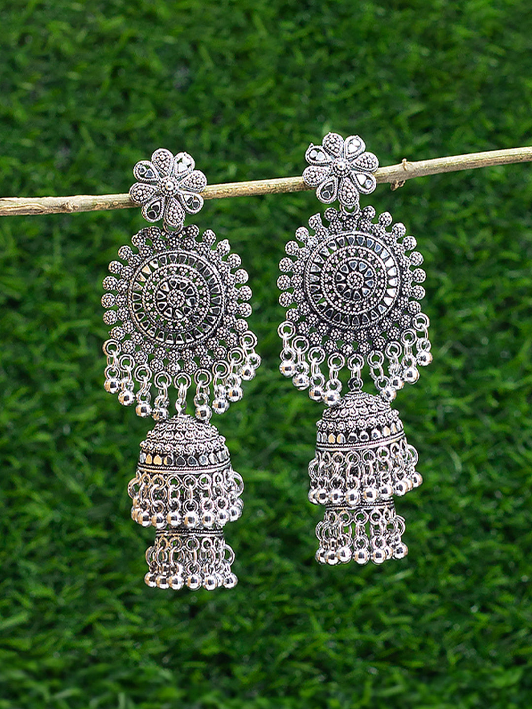 Silver Oxidised Floral Jhumka Earrings