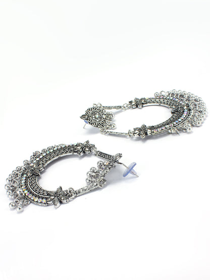 Silver Oxidised Artificial Stones & Beads Chandbali Earrings