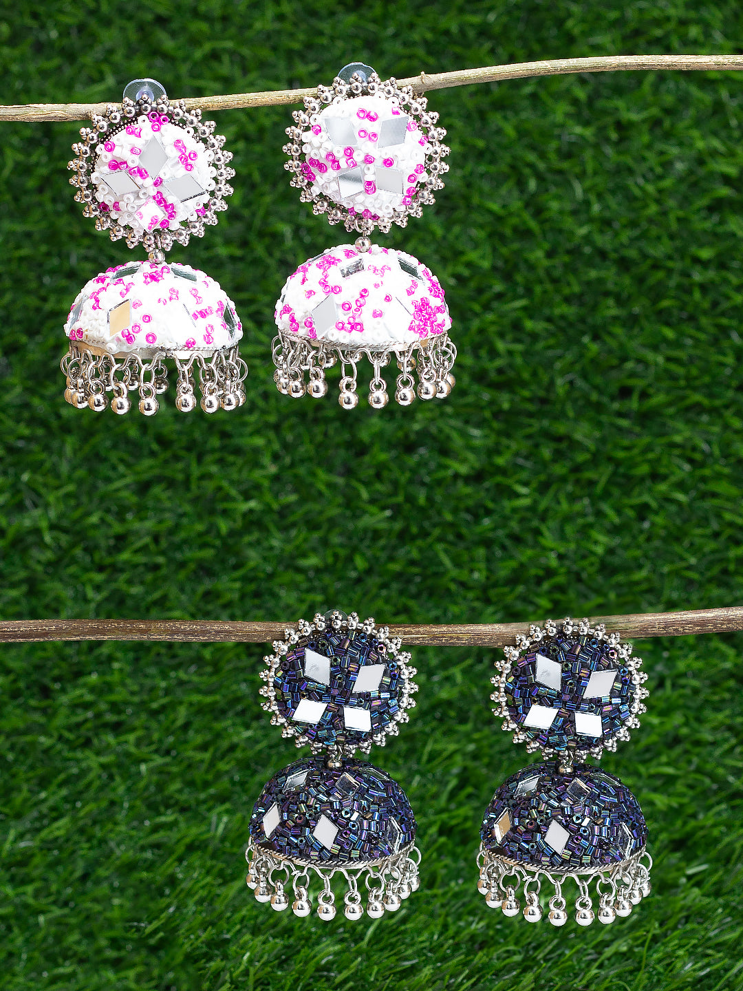 Pack of 2 Silver-Plated Dome Shaped Artificial Stones and Beads Jhumkas