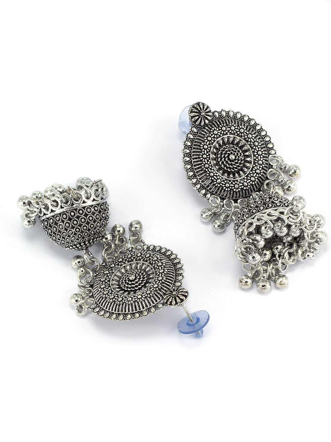 Silver Oxidised Floral Jhumka Earrings