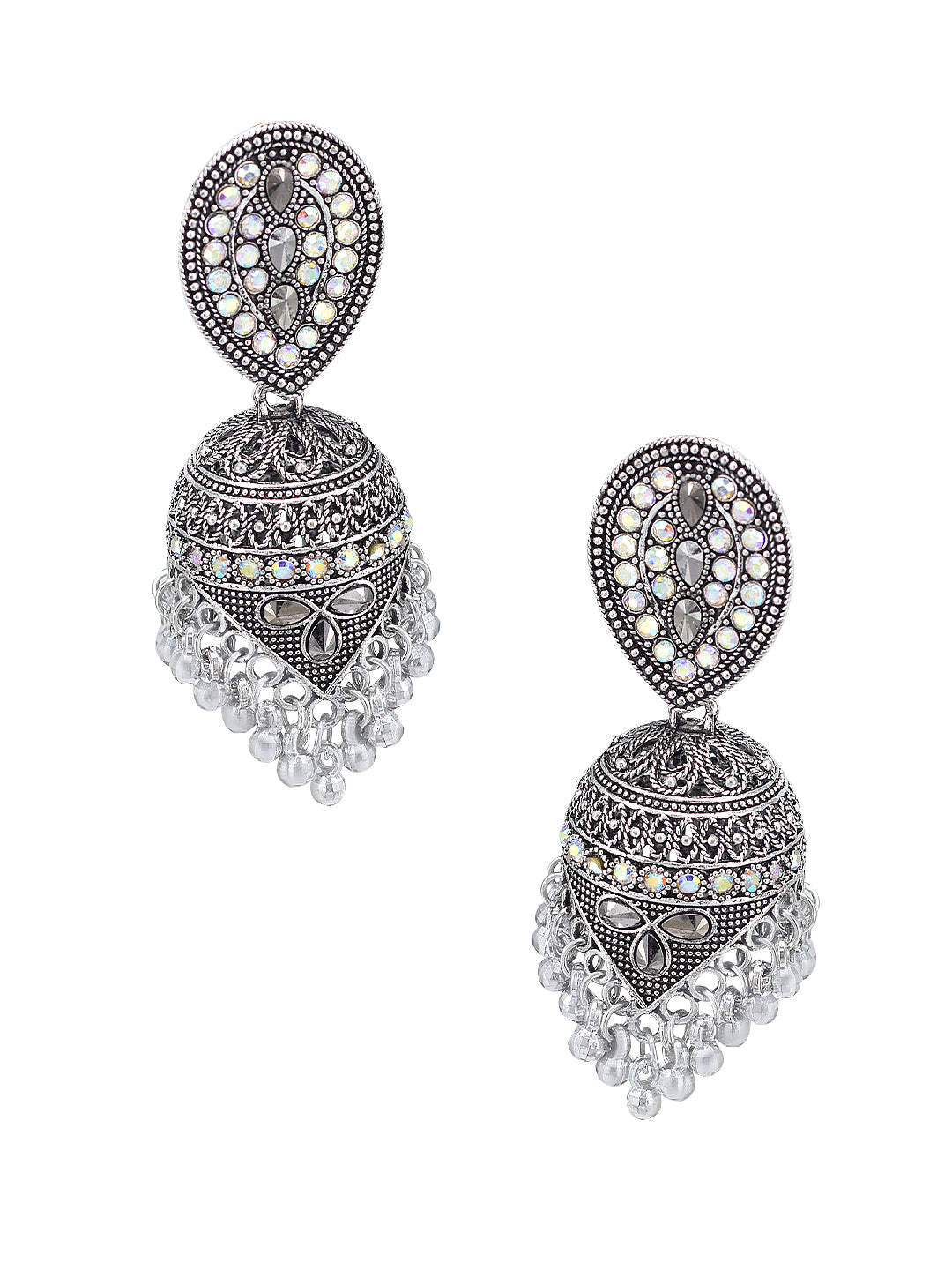 Silver Oxidised Artificial Stone Studded Jhumka Earrings