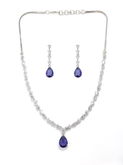 Rhodium Plated Purple American Diamond Drop Jewellery Set