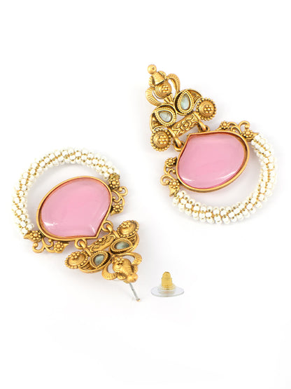 Gold-Plated Kundan Studded Contemporary Drop Earrings