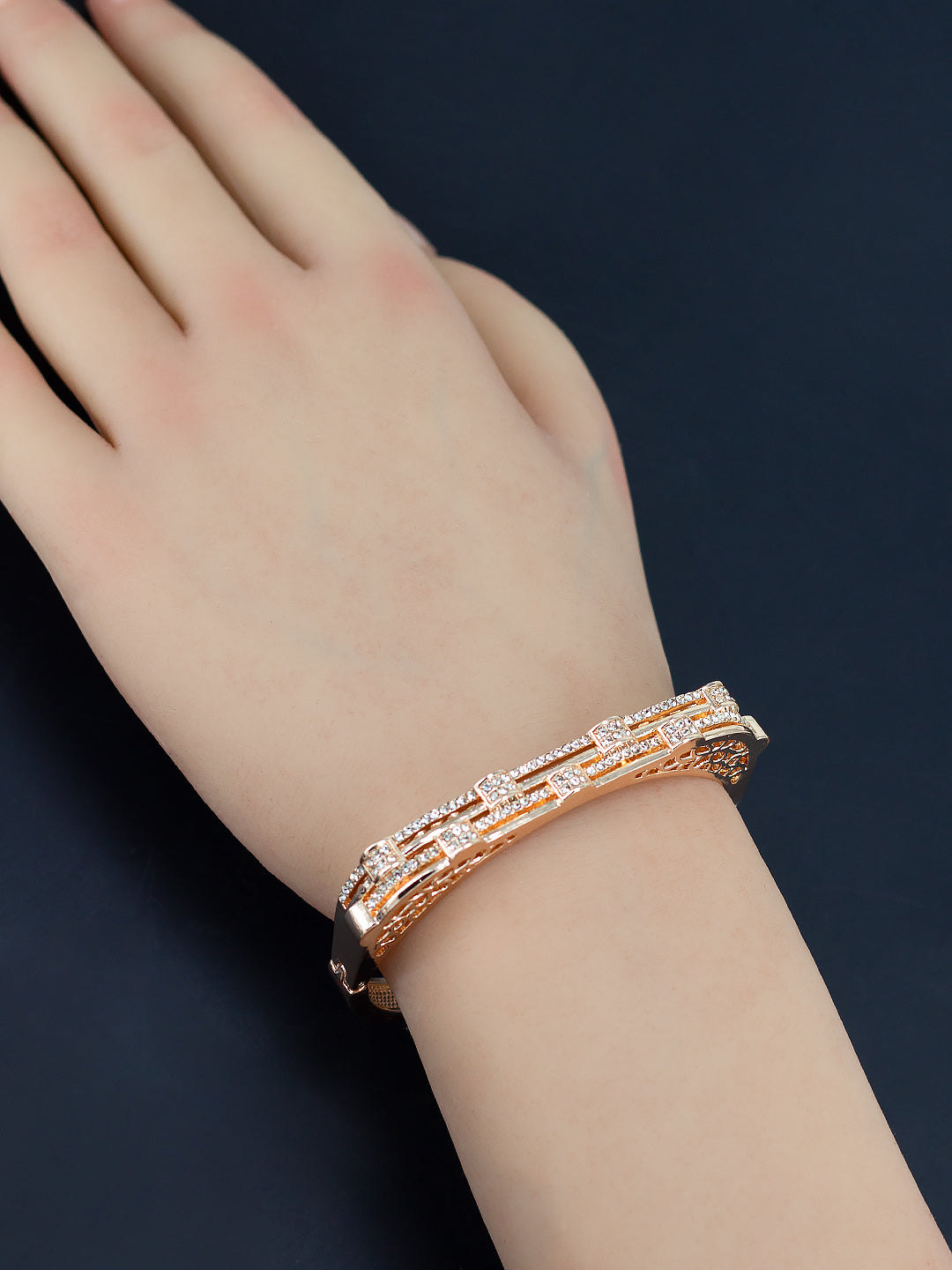 Rose Gold Plated American Diamond Studded Stainless Steel Bracelet