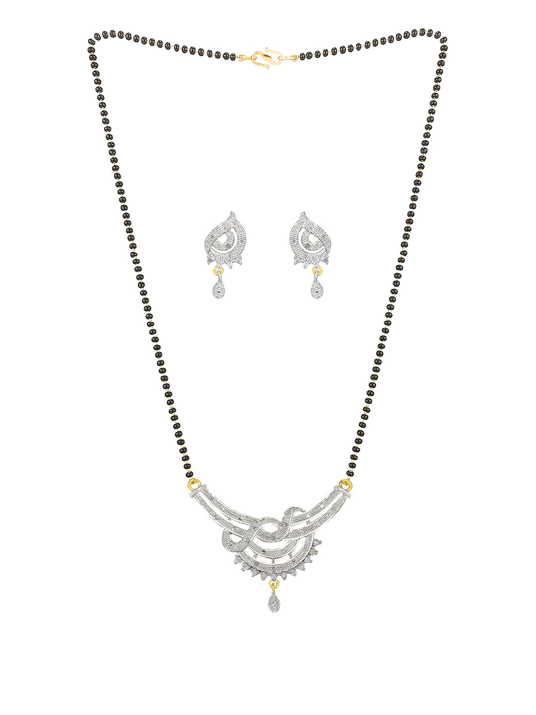 Gold Plated American Diamond & Black Beaded Mangalsutra With Earrings