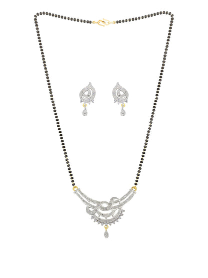 Gold Plated American Diamond & Black Beaded Mangalsutra With Earrings