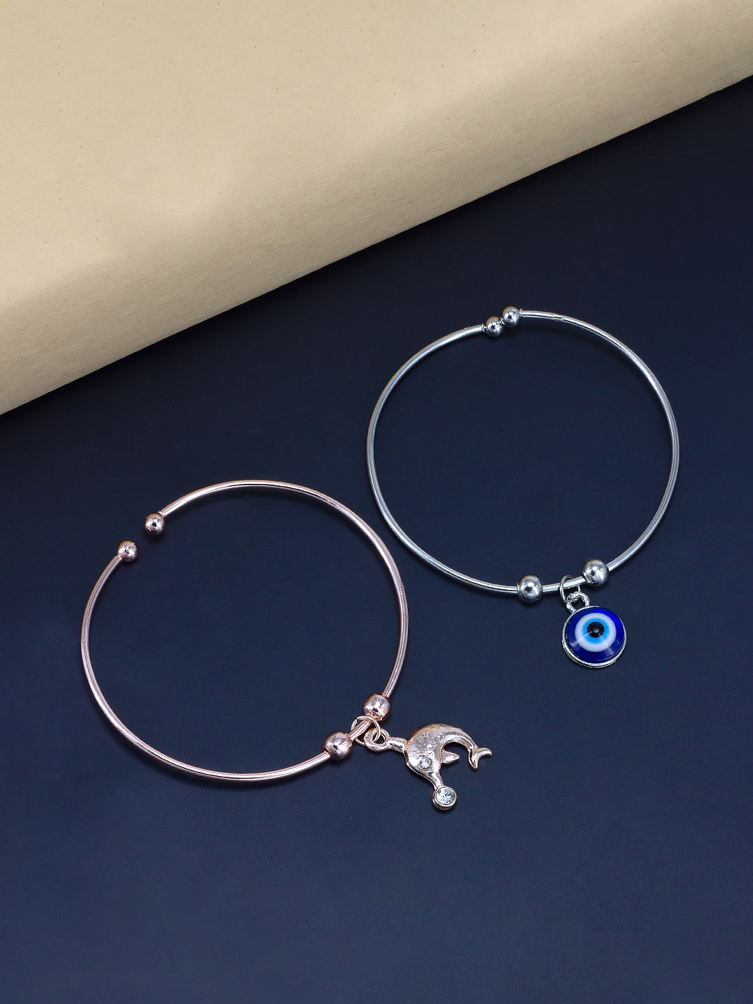 Pack of 2 Silver & Rose Gold Plated Dolphin & Evil Eye Trendy Bracelets