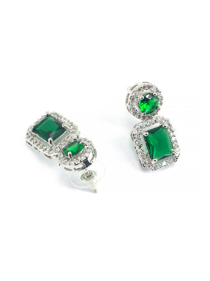 Rhodium Plated Green American Diamond Square Drop Earrings