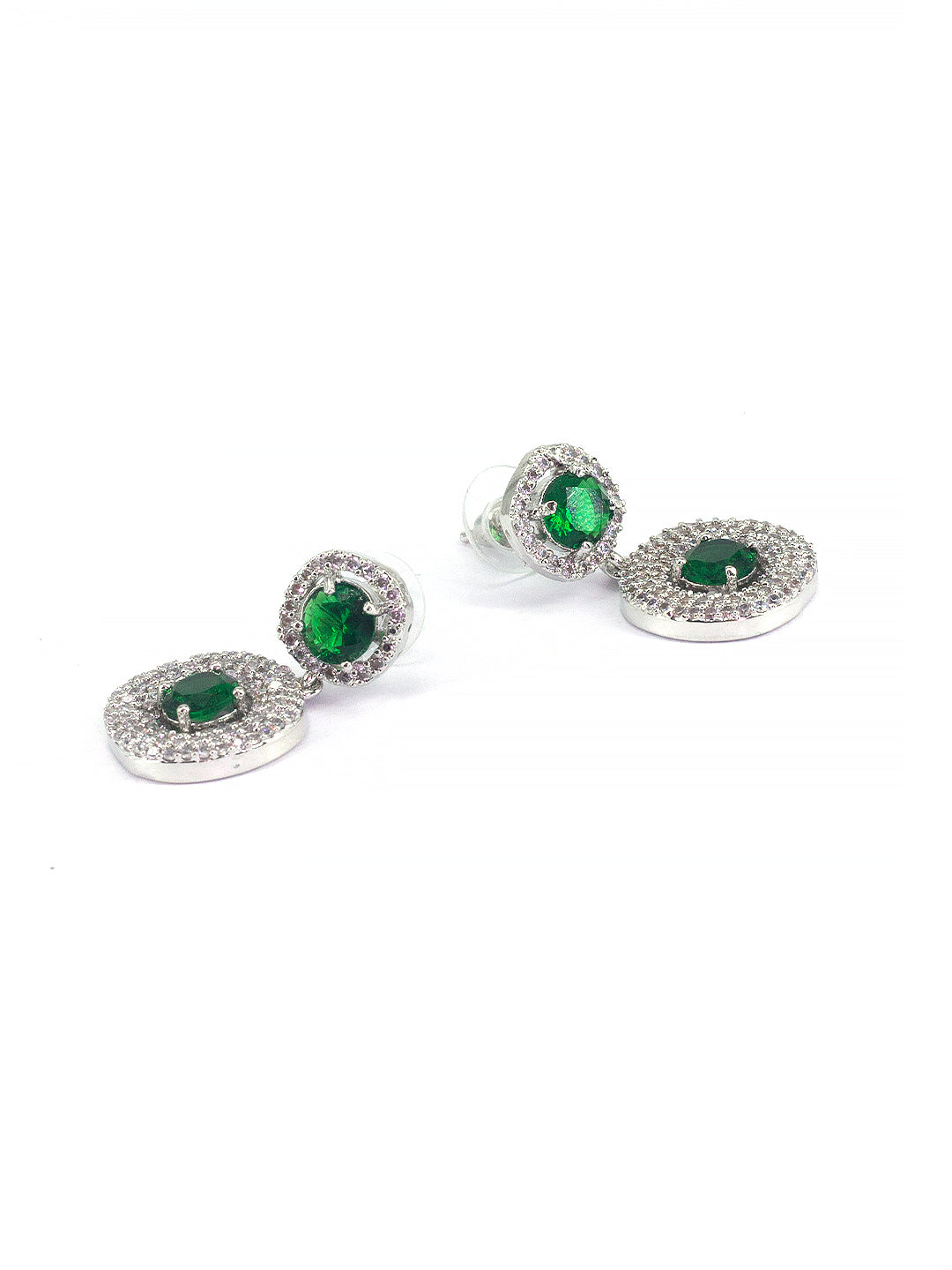 Rhodium Plated Green American Diamond Trendy Drop Earrings