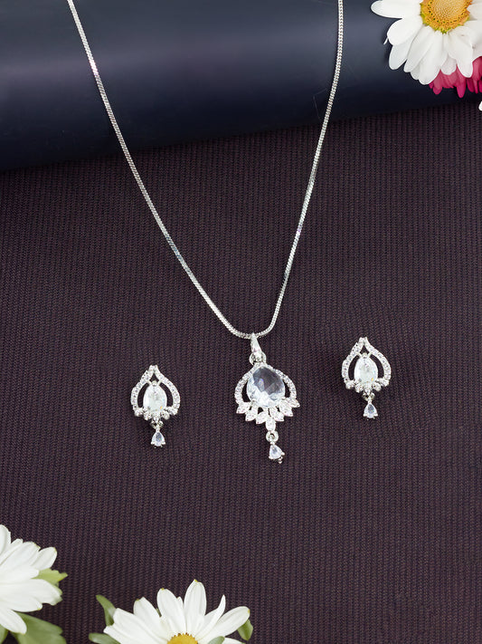 Rhodium Plated Teardrop American Diamond Studded Trendy Pendant Set