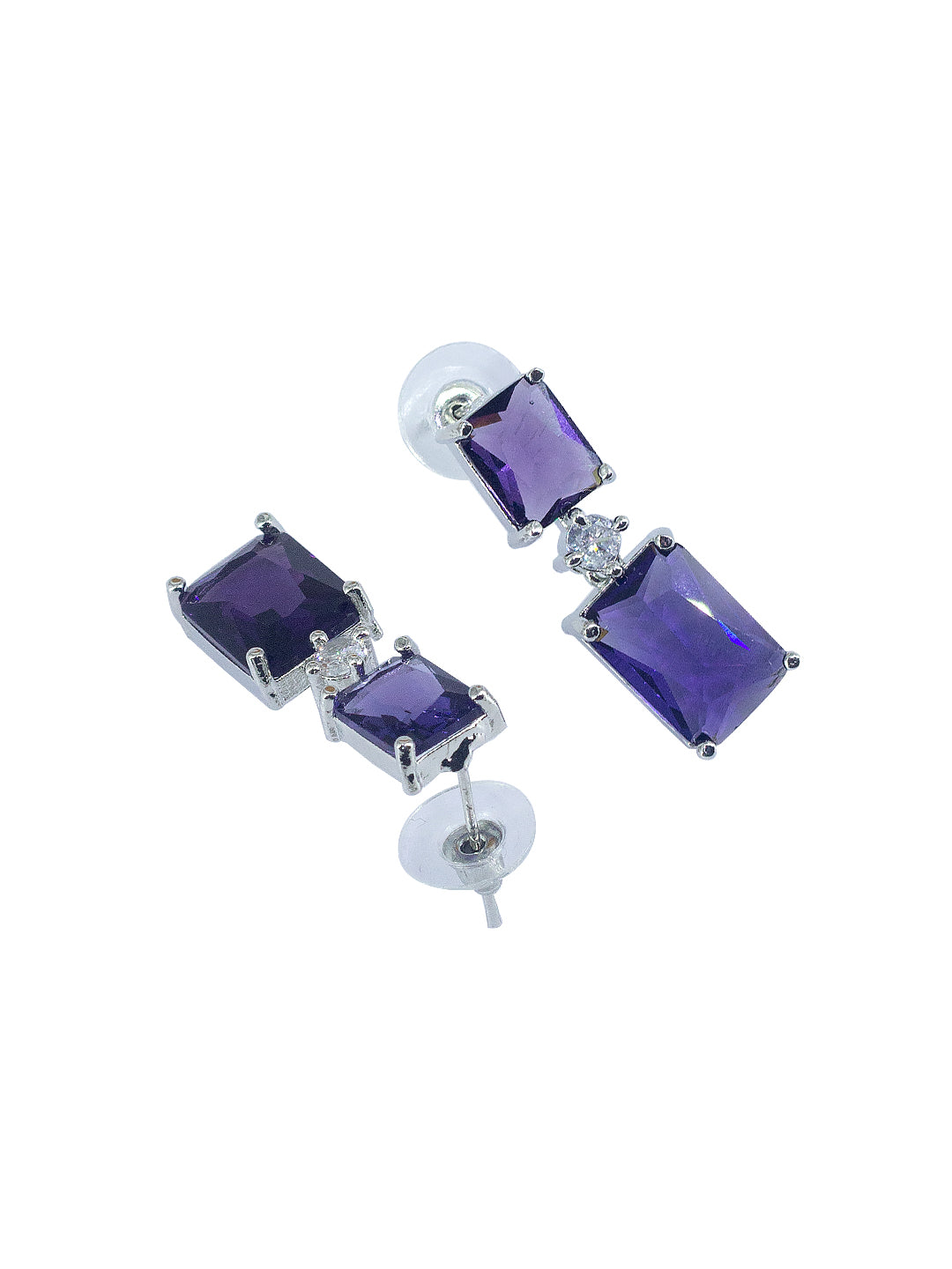 Rhodium Plated Purple Square American Diamond Jewellery Set