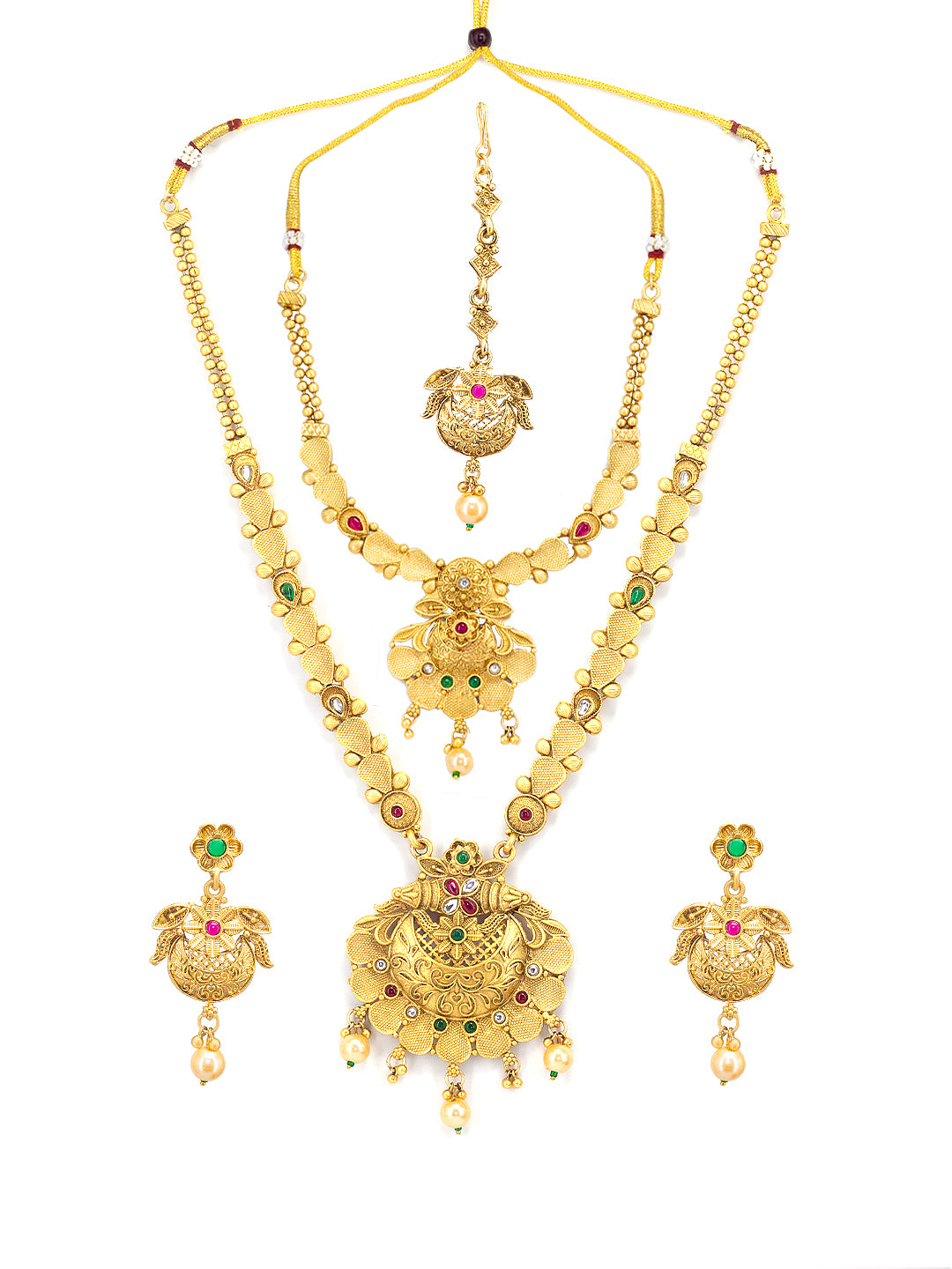 Gold Plated Long & Short Necklace Kundan Studded Temple Jewellery Set