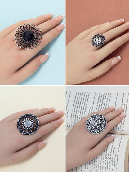 Set of 6 Silver Oxidised Black Artificial Stone Floral Adjustable Finger Ring