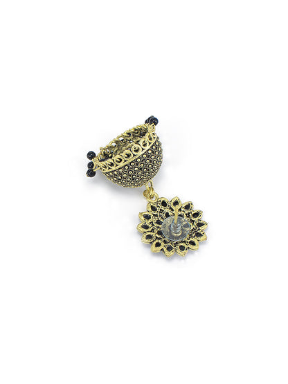 Gold Plated Black Floral Jhumka Earrings