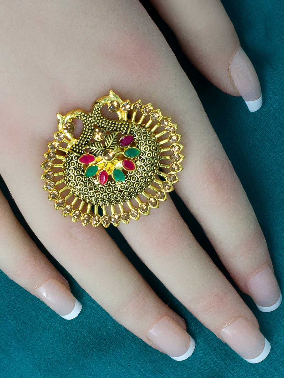 Set of 6 Gold Plated Artificial Stone Floral & Round Shaped Adjustable Finger Ring