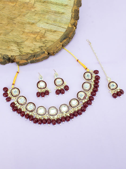 Gold-Plated Red Kundan-Studded & Beaded Jewellery Set