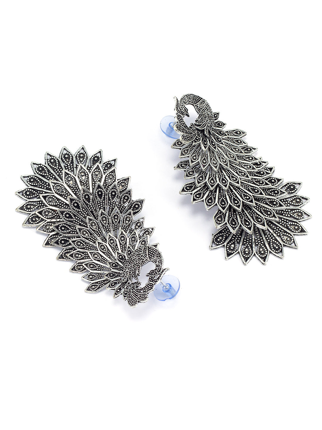 Pack Of 2 Silver-Oxidised Peacock Shaped Artificial Stones Studded Jhumkas