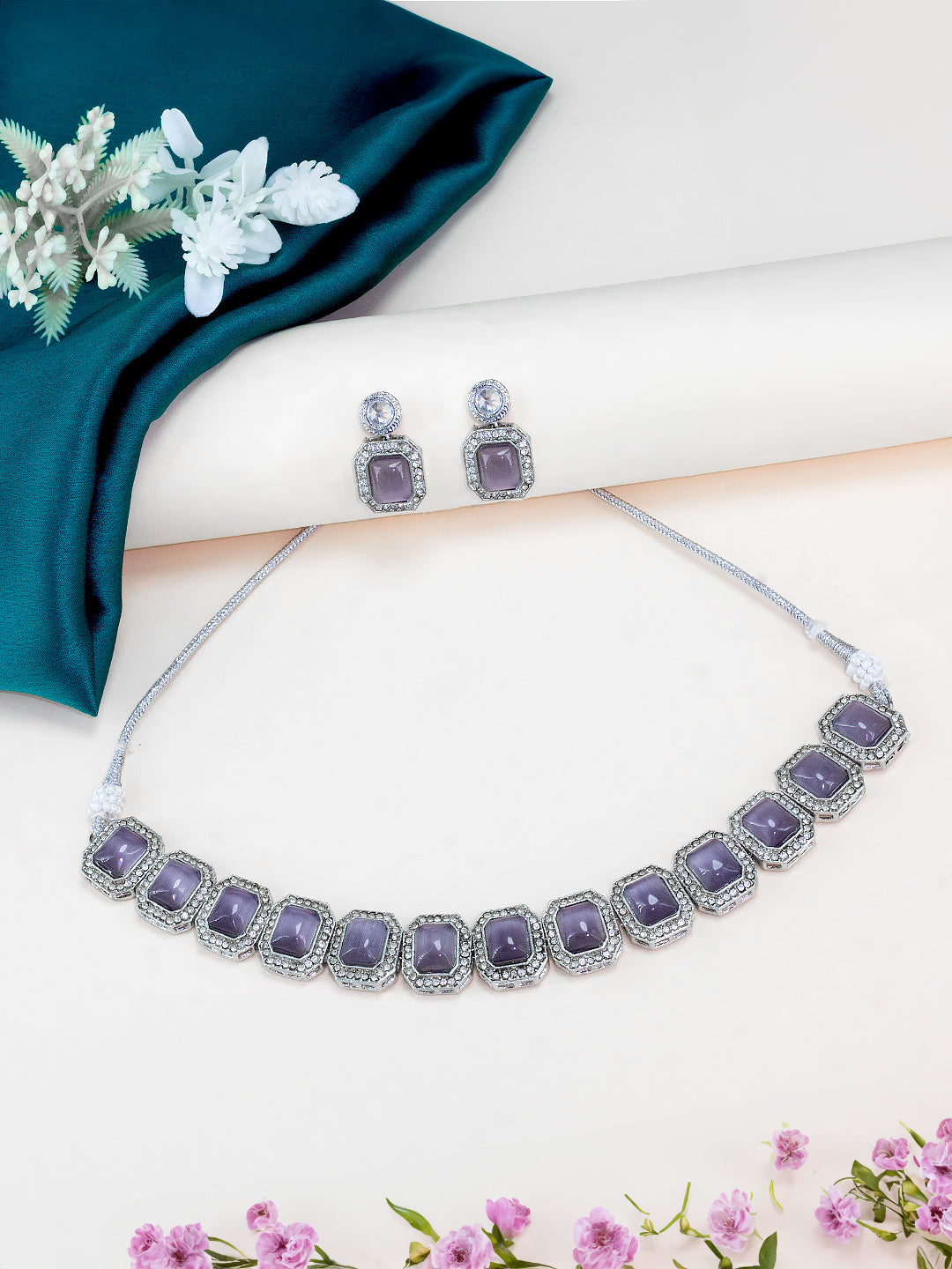 Silver-Plated Purple Kundan Stone-Studded Jewellery Set