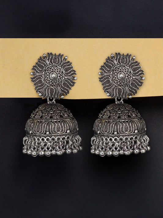 Silver Oxidised Floral Jhumka Earrings