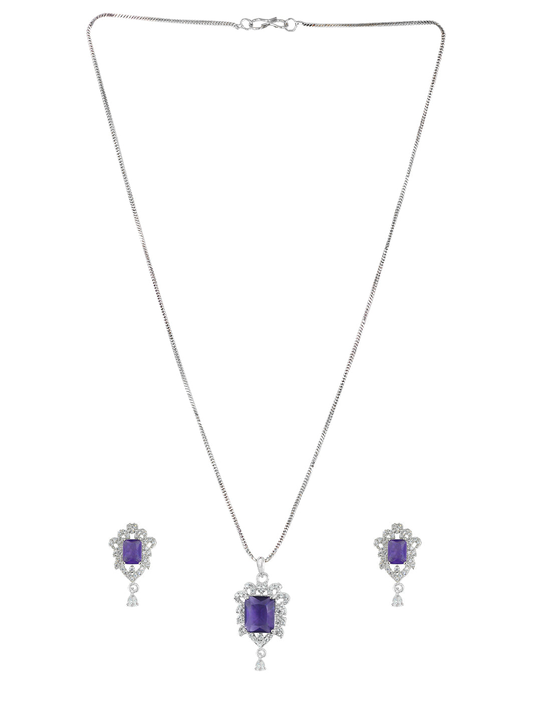 Rhodium Plated Purple American Diamond Studded Pendant Set