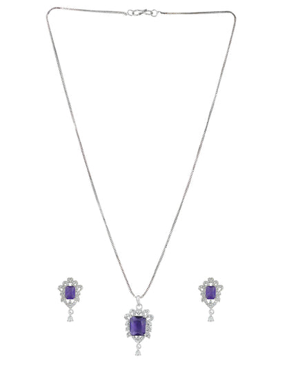 Rhodium Plated Purple American Diamond Studded Pendant Set