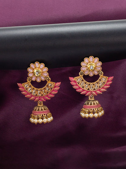 Gold Plated Red Floral Jhumka Earrings