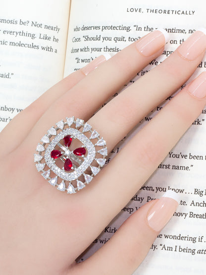 Rhodium Plated Red American Diamond Square Adjustable Finger Ring