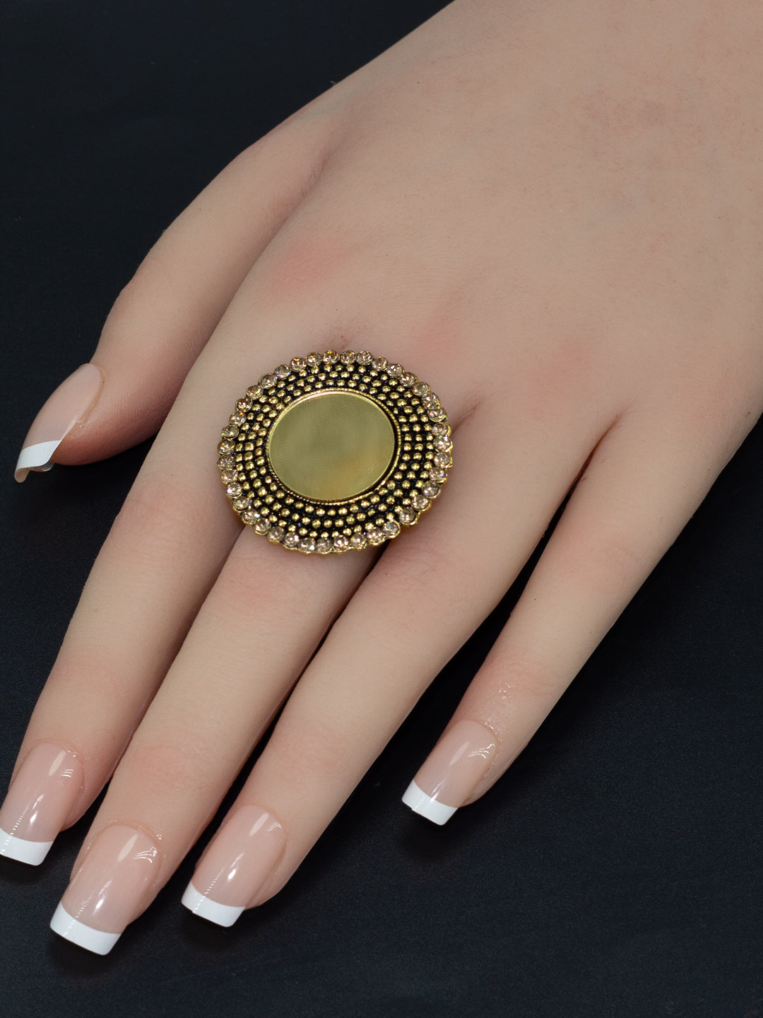 Set of 4 Gold Plated Artificial Stones & Mirror Round Shaped Adjustable Finger Rings