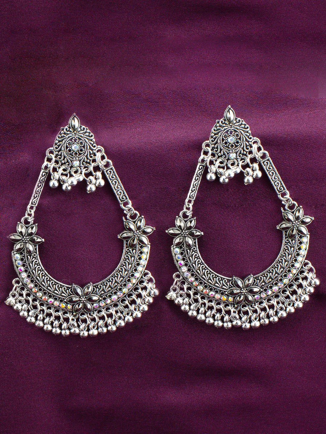 Silver Oxidised Artificial Stones & Beads Chandbali Earrings