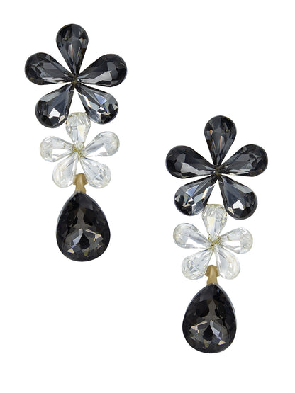 Black Crystals Studded Floral Drop Earrings